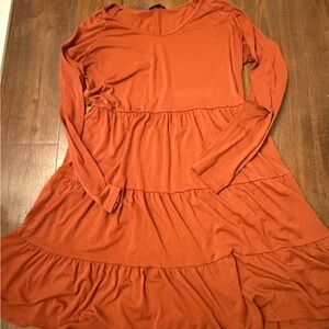 Rust Orange Tiered Long Sleeve Dress